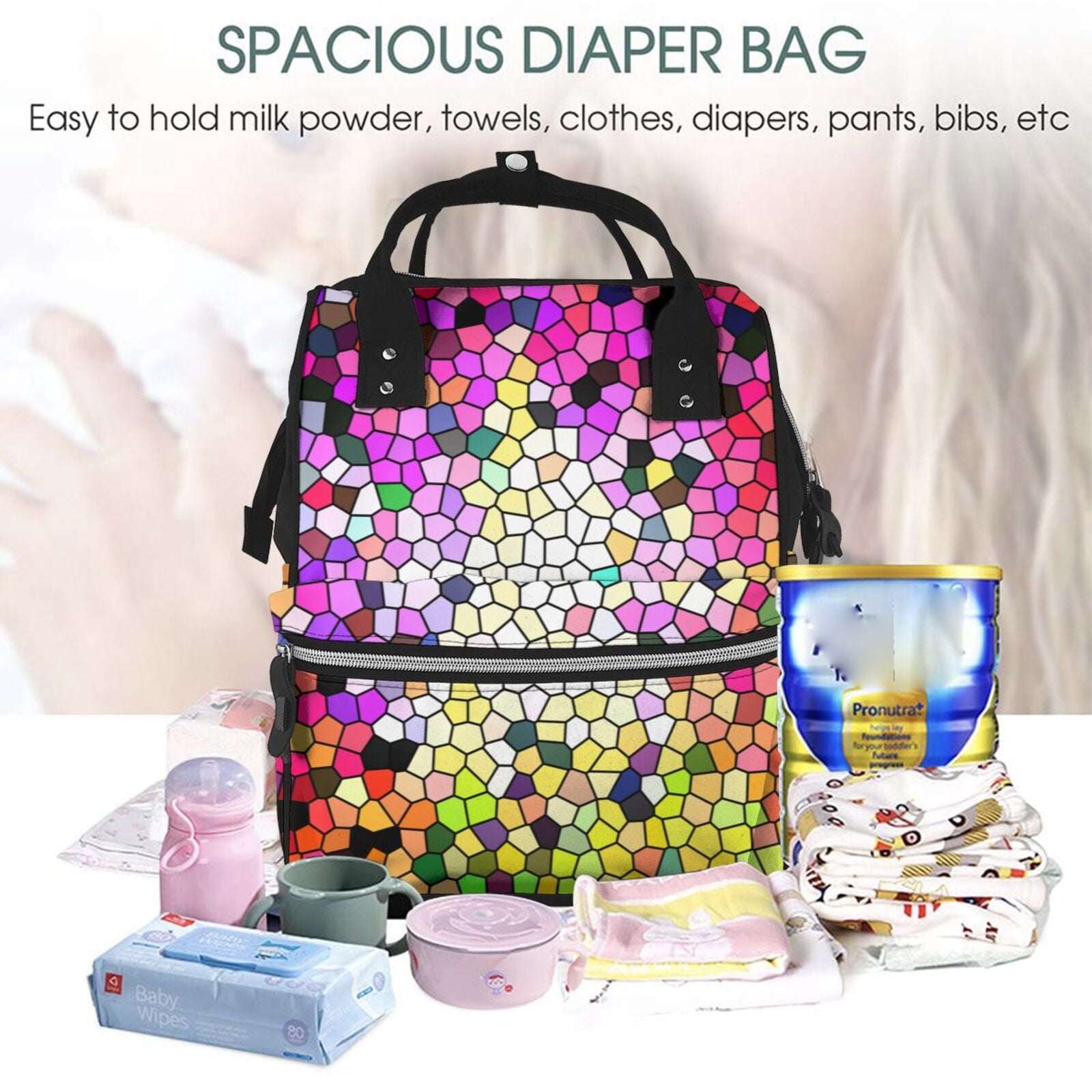 Ratiio Colorful Tie Dye Stained Glass 3 Mummy Backpack - Waterproof Twill Canvas, Large Capacity Diaper Bag with Multiple Pockets and Adjustable Straps