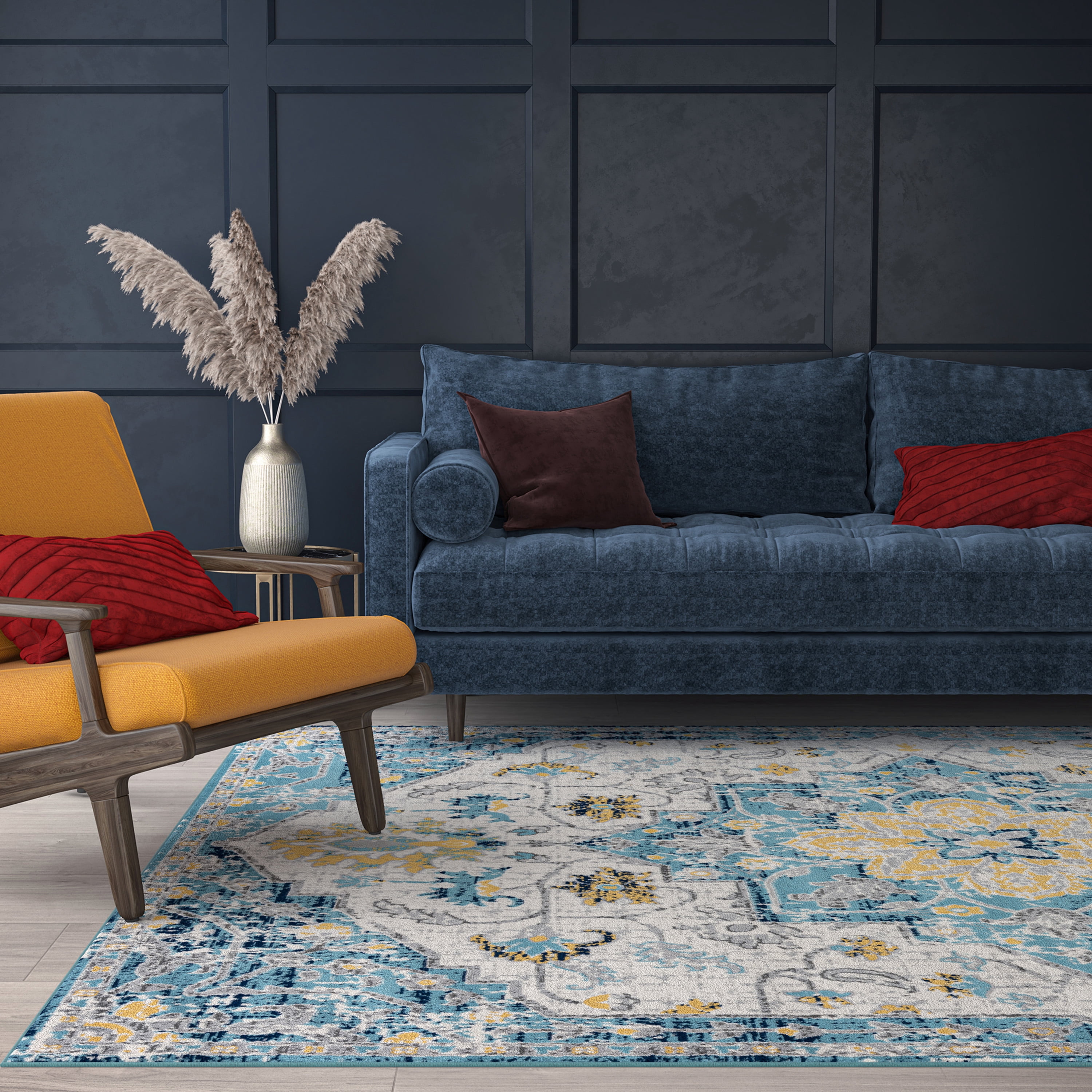 Transitional 5x8 Area Rug (5'3'' x 7'3'') Medallion Aqua, Yellow Living Room Easy to Clean
