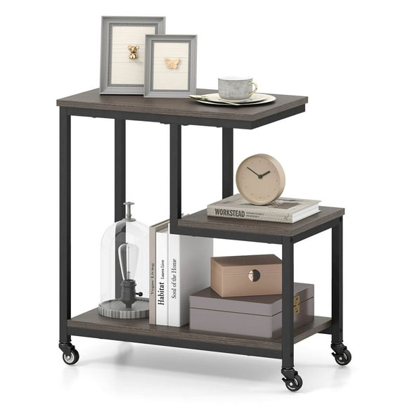 Costway 1 PCS Modern G-Shaped End Table Home 3-Tier Side Table with Storage Shelves Accent Table Gray