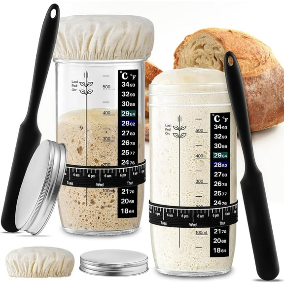 BZUEPRS Glass Sourdough Starter Jar 2 Pack, 24 oz Wide Mouth Organic Sourdough Starter Kit with Date Marked Band, Thermometer, Cloth Cover & Metal Lid, Reusable Bread Baking Supplies