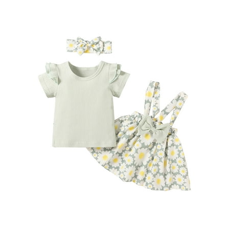 

Nokpsedcb Toddlers Baby Girls 3PCS Skirt Suit Plain Ribbed Ruffle O-Neck T-Shirt Flowers Bow Short Pleated Dress Bow Headband Set Green 6-12 Months