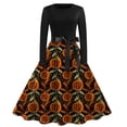 thumbnail image 1 of Vestido vintage de Halloween para mujer: vestido con estampado de murciélago y manga larga con cinturón, 1 of 3