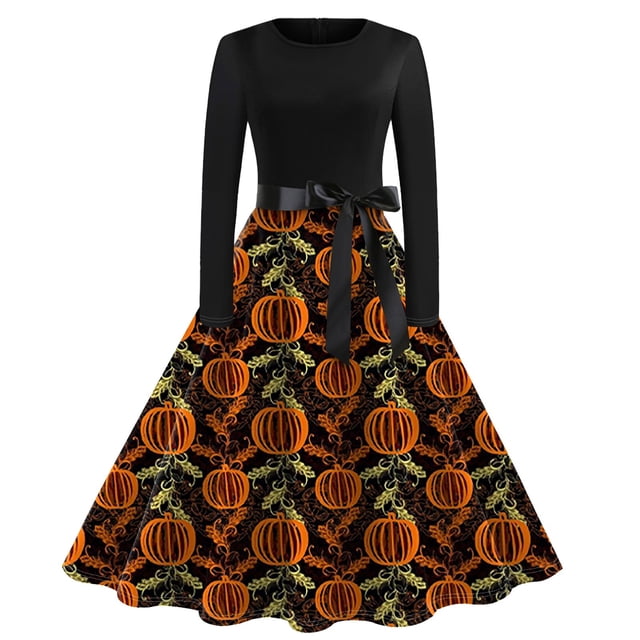 Vestido vintage de Halloween para mujer: vestido con estampado de murciélago y manga larga con cinturón