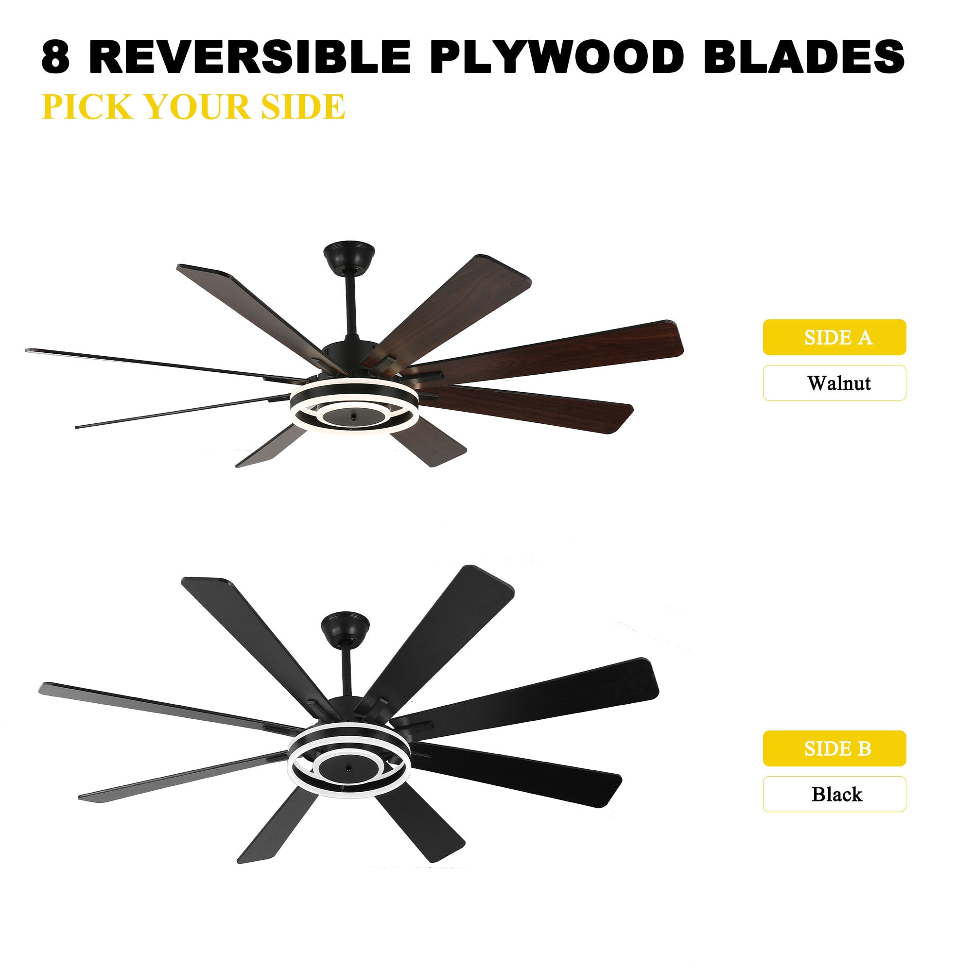 Chords Attic 72" Reversible 8-Blade Ceiling Fan with LED Lights, Remote 3-Color, 6-Speed and Timer