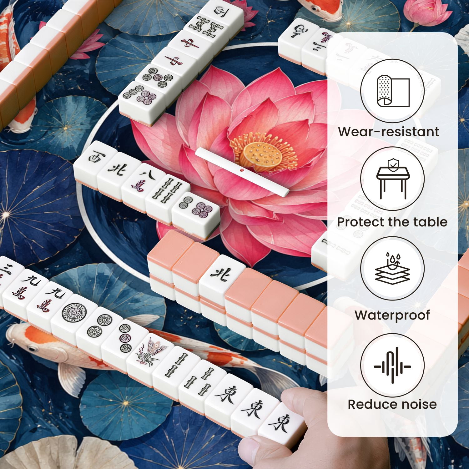 Mahjong Mat 31.5" x 31.5" Vibrant Fish Swimming Blue Lotus Leaves Pink Water Lily Centerpiece Non-Slip Noise Reduction Mahjong Tiles Table Cover for Dominoes Poker Card Board and Tile Games