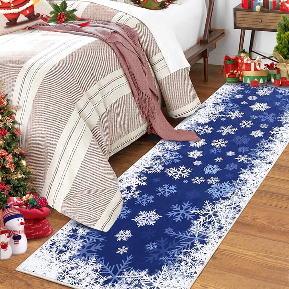 ExpanseEcho Christmas Runner Rug Blue 2x8 ft - Washable Non-Slip Low Pile