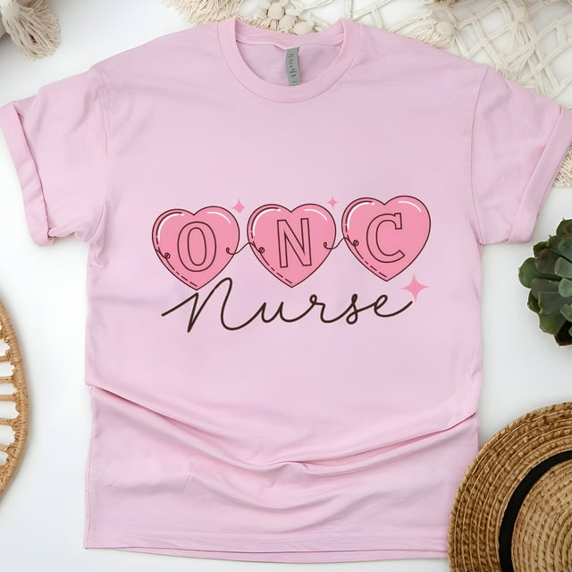 Oncology Nurse Graphic T-Shirt with Pink Heart Design, Light Pink, Size M