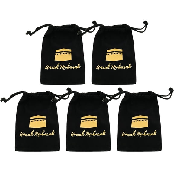 Jiibva 5pcs Ramadan Drawstring Bags Eid Mubarak Goody Bags Islamic Drawstring Pouch for Muslim Eid Mubarak Party Decoration