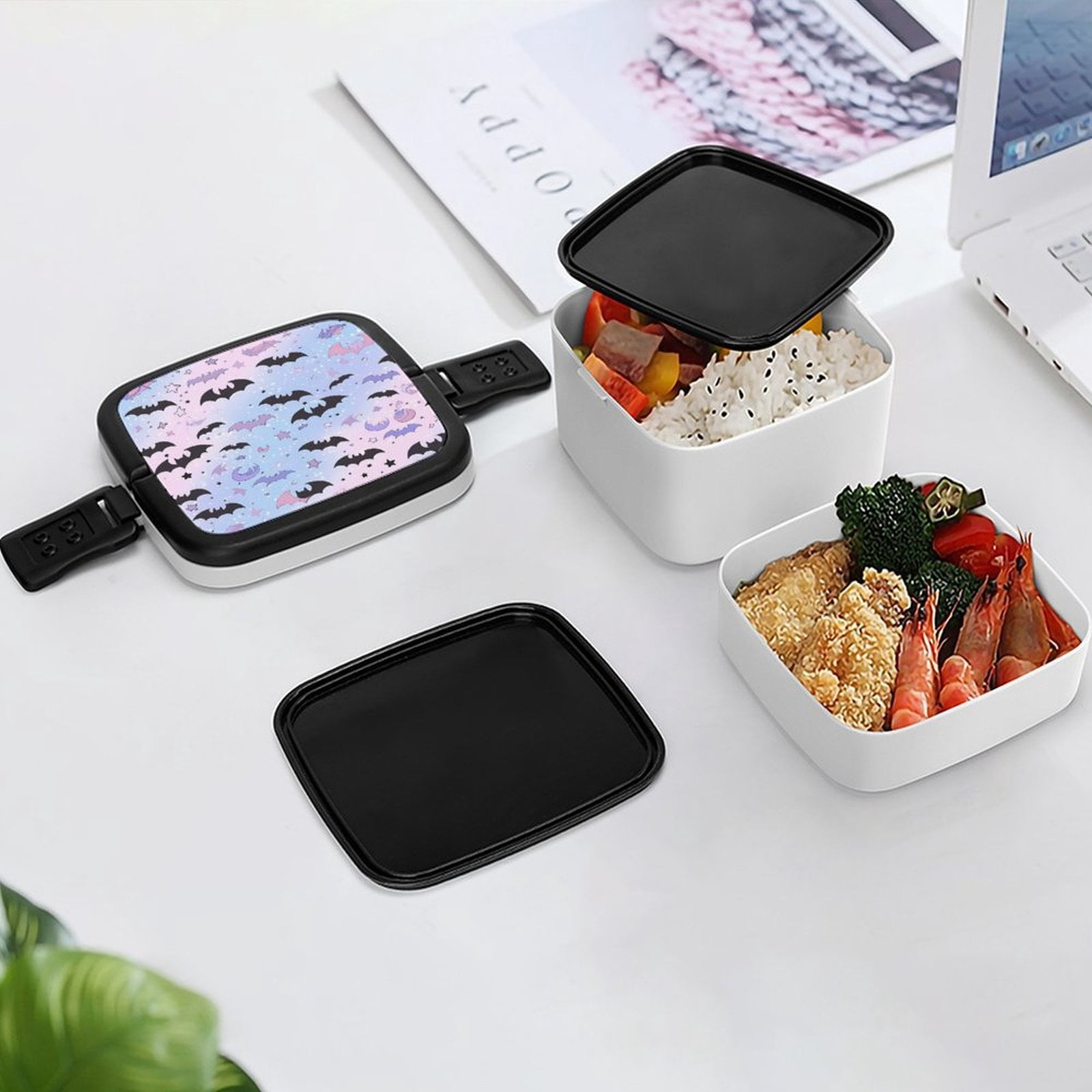 5.3×4.3in Double-Layer Bento Box Sealing Leakproof Partition Design Buckle Design Convenient Switch With Handle The Black And Purple Flying Bats in The Sky