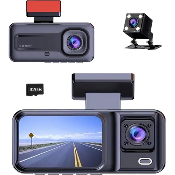 Dashcam para Auto, Dashcam 1080P，Camara para Carro, Frontal Interior y Trasera Grabra de Conducció, Grabacion en Bucle de 24 Horas, Detección de Movimiento por Vision Nocturna