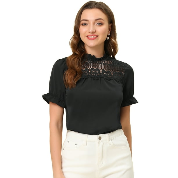 INSPIRE CHIC Blusa informal de verano con manga abullonada y cuello levantado con panel de encaje en la parte superior de gasa para mujer Negro S