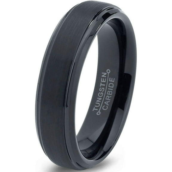 Charming Jewelers Tungsten Wedding Band Ring 4mm for Men Women Comfort Fit Black Beveled Edge Brushed Lifetime Guarantee Size 4
