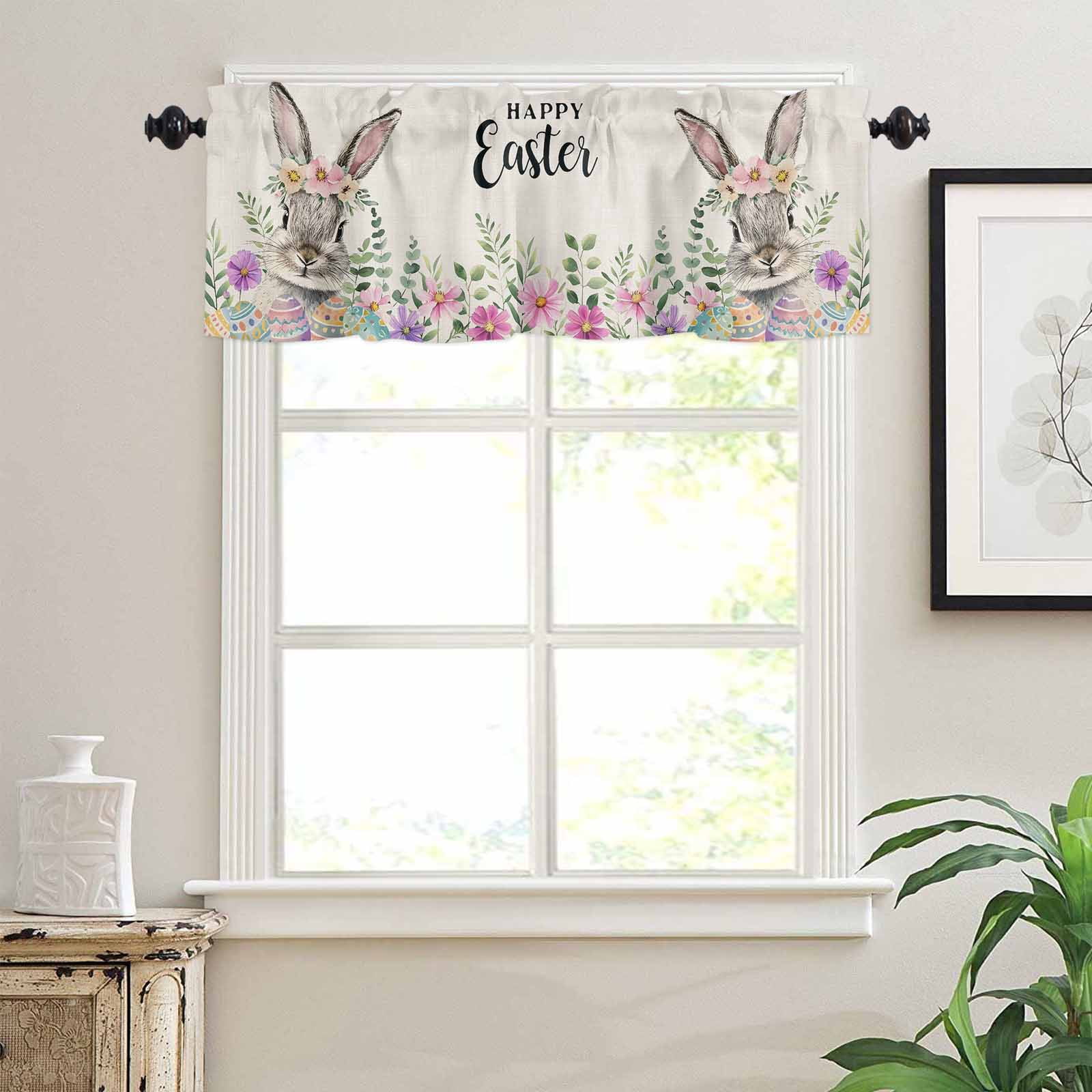 Happy Easter Kitchen Curtains Valances and Tiers Set of 3 Cute Spring Bunny Linen Texture Tier Curtains and Valance for Kitchen Bathroom Small Windows 27.5"W x 36"L (Pack of 3)