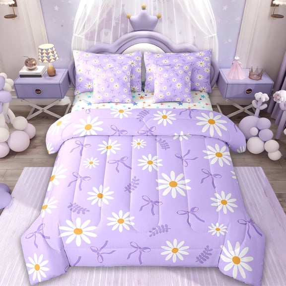 Erosebridal Cute Floral Daisy Bedding Twin Size,Purple Bowknot Comforter Sets with Sheets,Plant Leaf Bedding Sets Twin Size For Girls,Super Cozy Room Decoration Reversible,7pcs