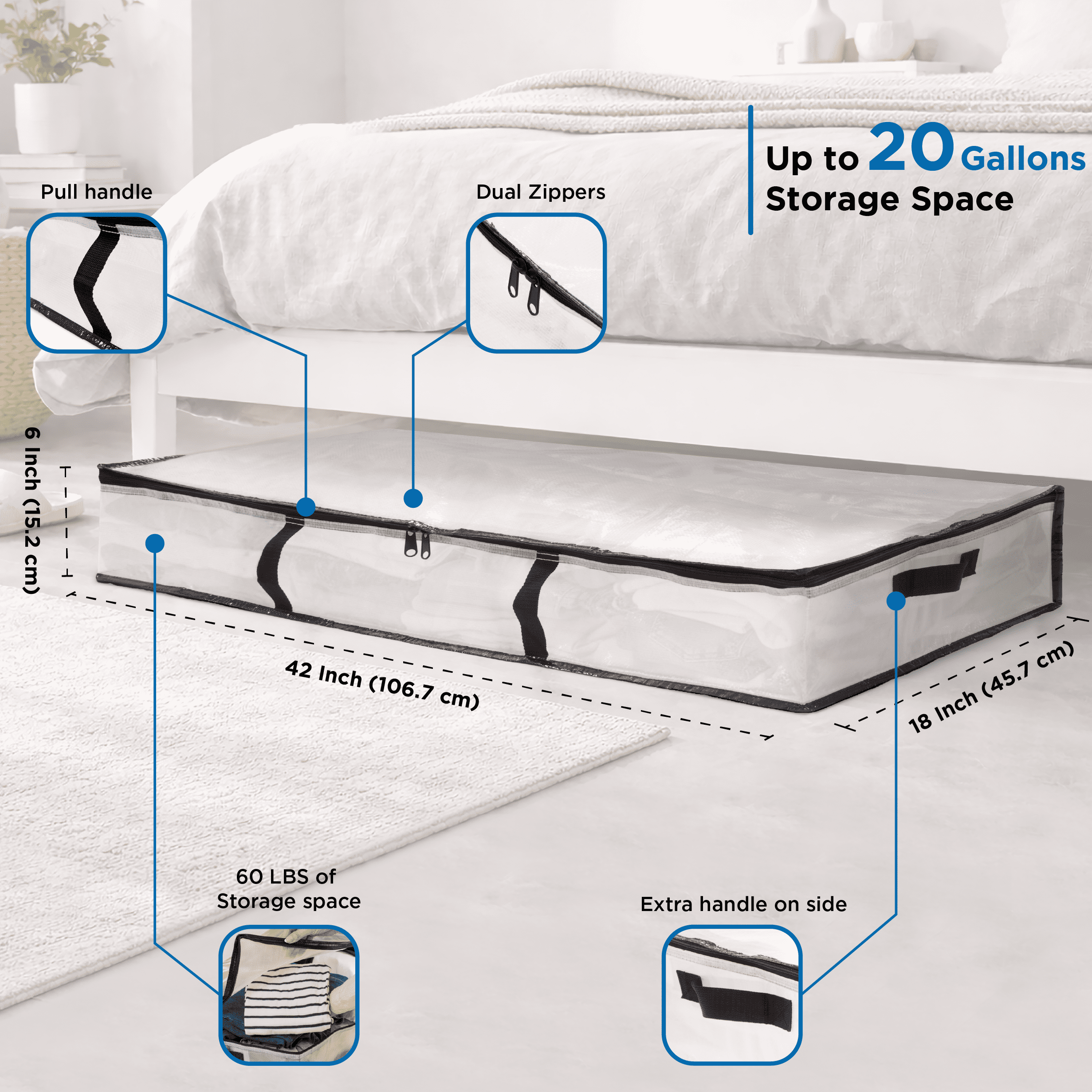 Mainstays Heavy Duty Clear Under-Bed Storage Bag with Handles and Zipper Closure, 42 in x 18 in x 6 in