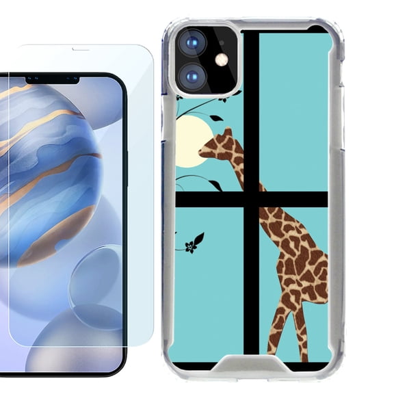 For Apple iPhone 12 Case, iPhone 12 Pro Case, Hybrid Bumper Phone case, with Tempered Glass Screen Protector, by OneToughShield ® - Moon Giraffe