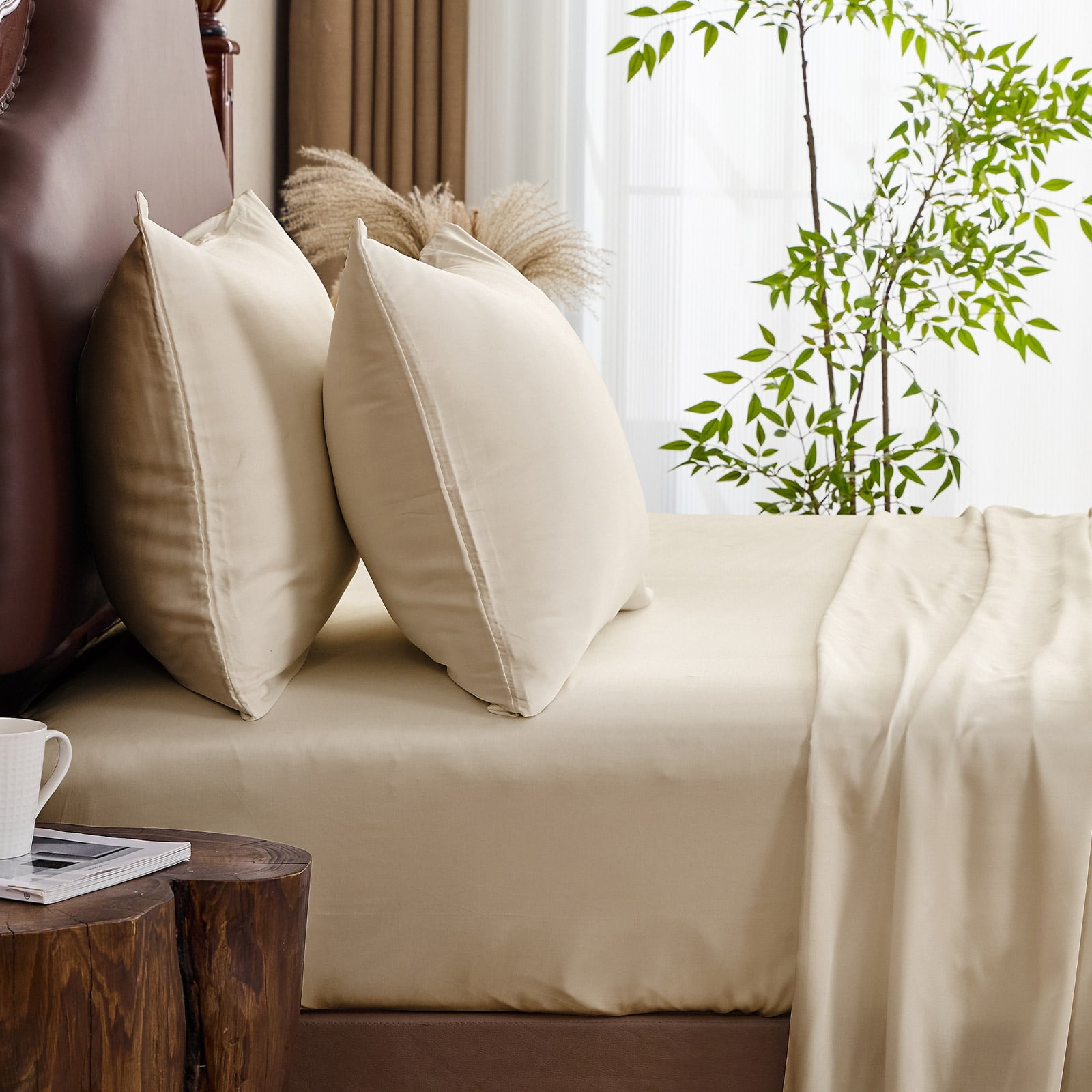 Hitime 4PC Bamboo Queen Sheet Set, Deep Pocket Fit 16", Breathable Super Soft Luxury Hotel Style Home Decor Queen Size Sheet Set, Gift for Women, Men - 2 Pillowcases, 1 Flat Sheet, 1 Fitted Sheet