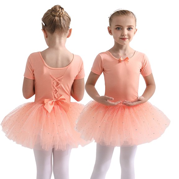 LYMAYTER Girls Ballet Leotards Summer Short Sleeve Sparkly Tutu Skirt Dance for Costume 3-11Y