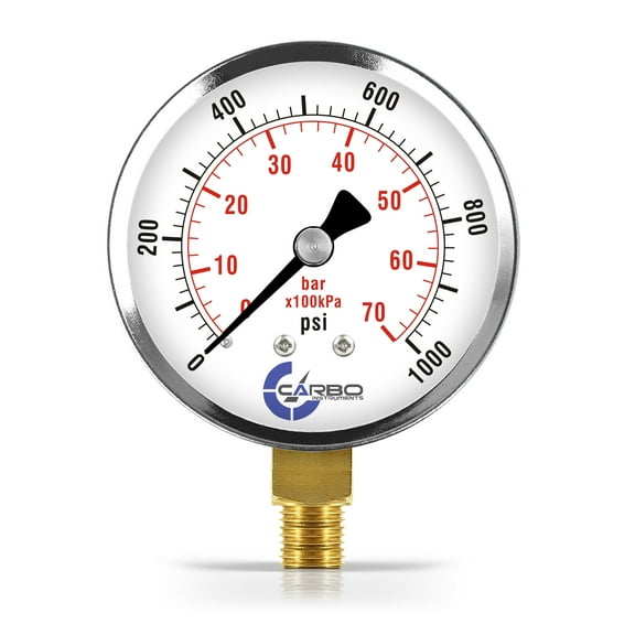 CARBO Instruments 2- 1/2" Pressure Gauge, Chrome Plated Steel Case, Dry, 0-1000 psi/kPa, Lower Mount 1/4" NPT