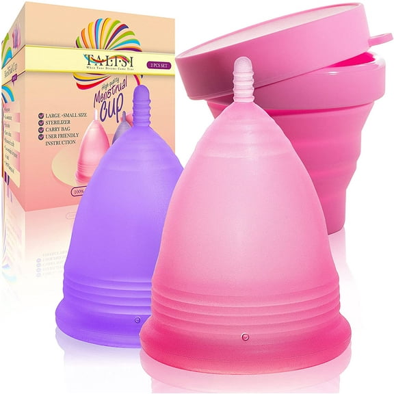 Talisi Reusable Menstrual Cup Set of 2, Silicone Period Cups with Collapsible Sterilization Cup and Storage Bag, Menstruation Feminine Period Cup for Regular and Heavy Flow, 1 Small & 1 Large