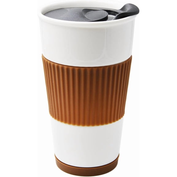 Ceramic Double Wall Insulated Travel Coffee Cup with Slider Lid, Silicone Sleeve & Built-In Coaster, 10 fl.oz (Coffee)