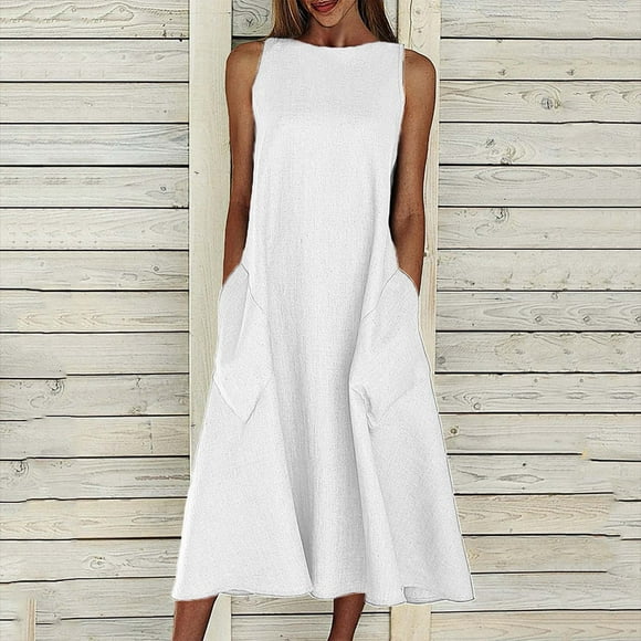HKEJIAOI Women's Casual Dresses Deals Clearance Valentine's Day Gift Fashion Women Solid Comfy Summer O-Neck Ladies Pockets Sleeveless Dress White