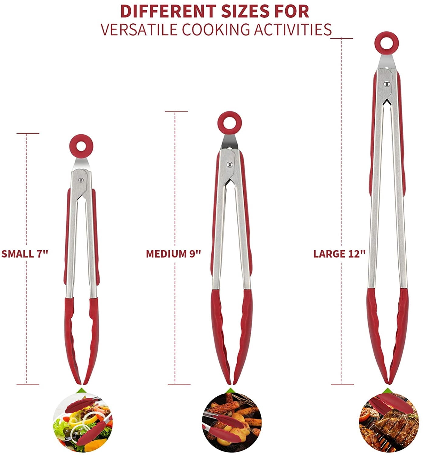 600°F Heat Resistant Kitchen Tongs:3Pcs 7/9/12in Silicone Cooking Tong with Firm Sealed Non Stick Rubber Tips & Silicon Coated 18/8 Stainless Steel Handle & Smooth Lock for Serving Grill