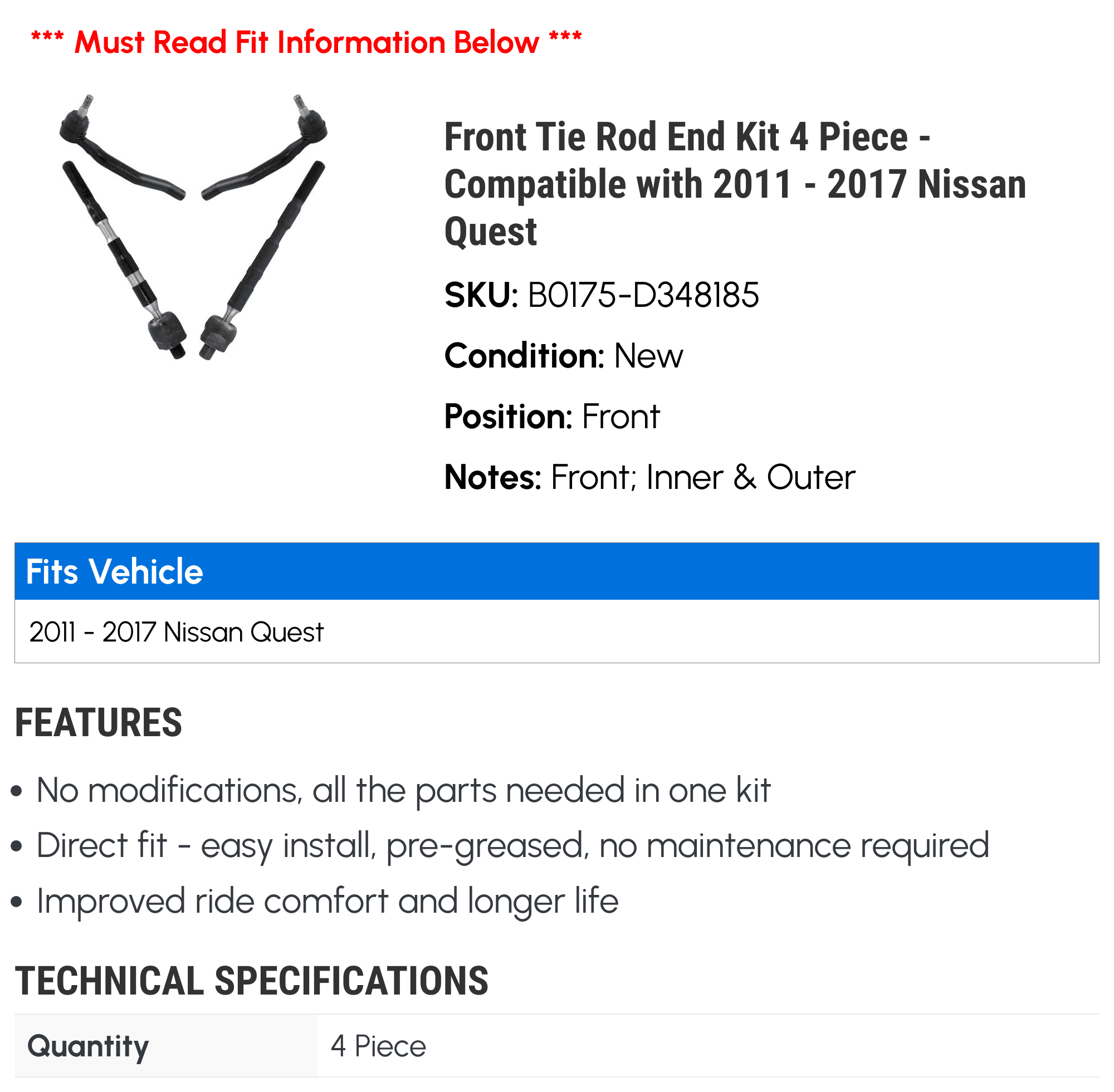 Front Tie Rod End Kit 4 Piece - Compatible with 2011 - 2017 Nissan Quest 2012 2013 2014 2015 2016