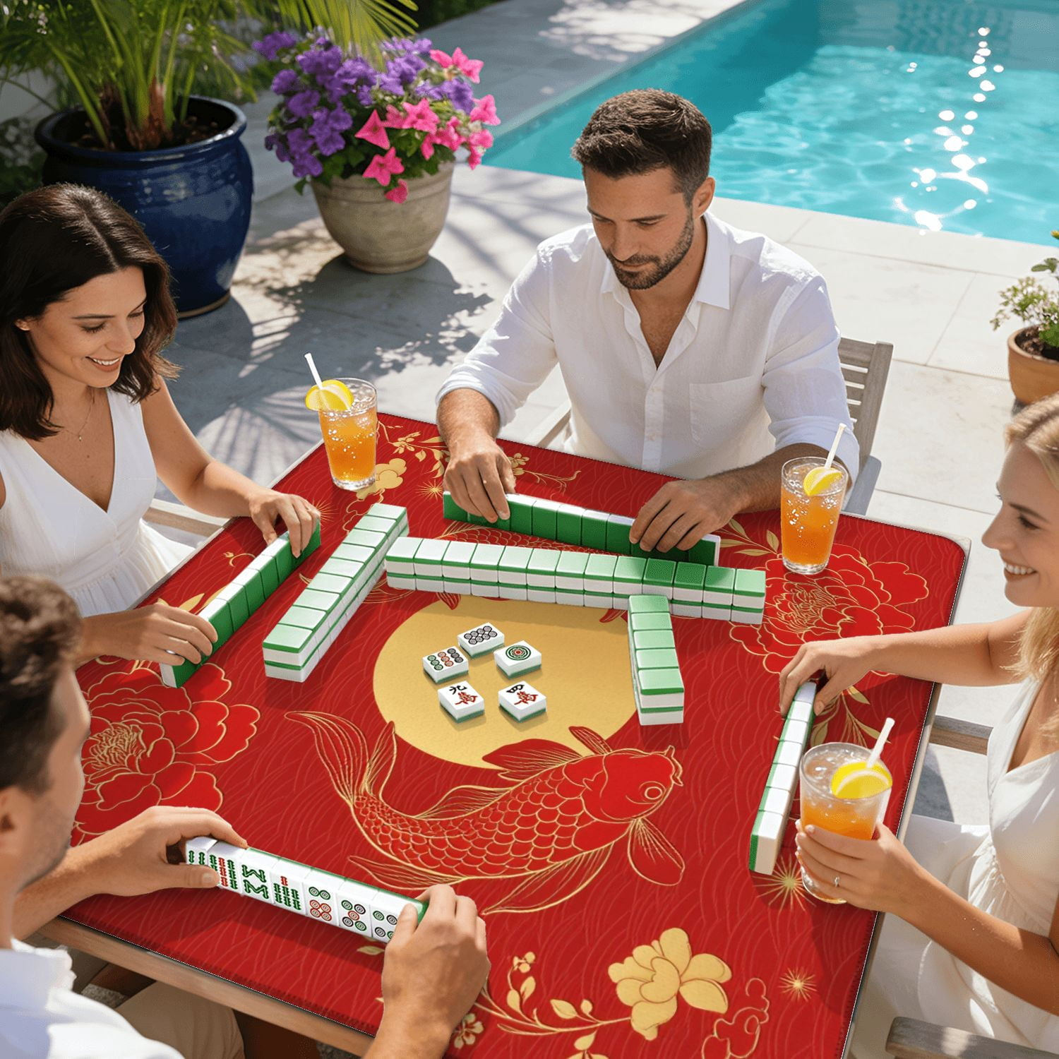 Mahjong Mat 31.5" x 31.5" traditional Chinese elements ornament carp gold color red peony Non-Slip Noise Reduction American Mahjong Tiles Table Cover for Dominoes Poker Card Board Games Gift