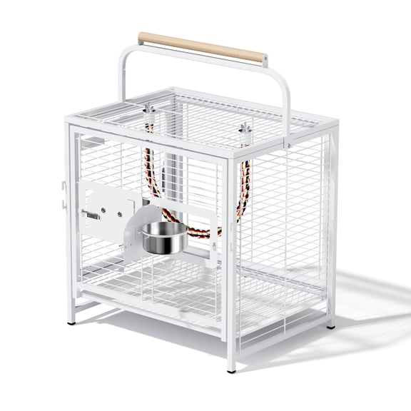 Ktaxon 25 Inch White Metal Portable Travel Bird Cage with Wooden Carry Handle, Small Parrot Carrier Cage with 2 Stainless Steel Feeder Bowls