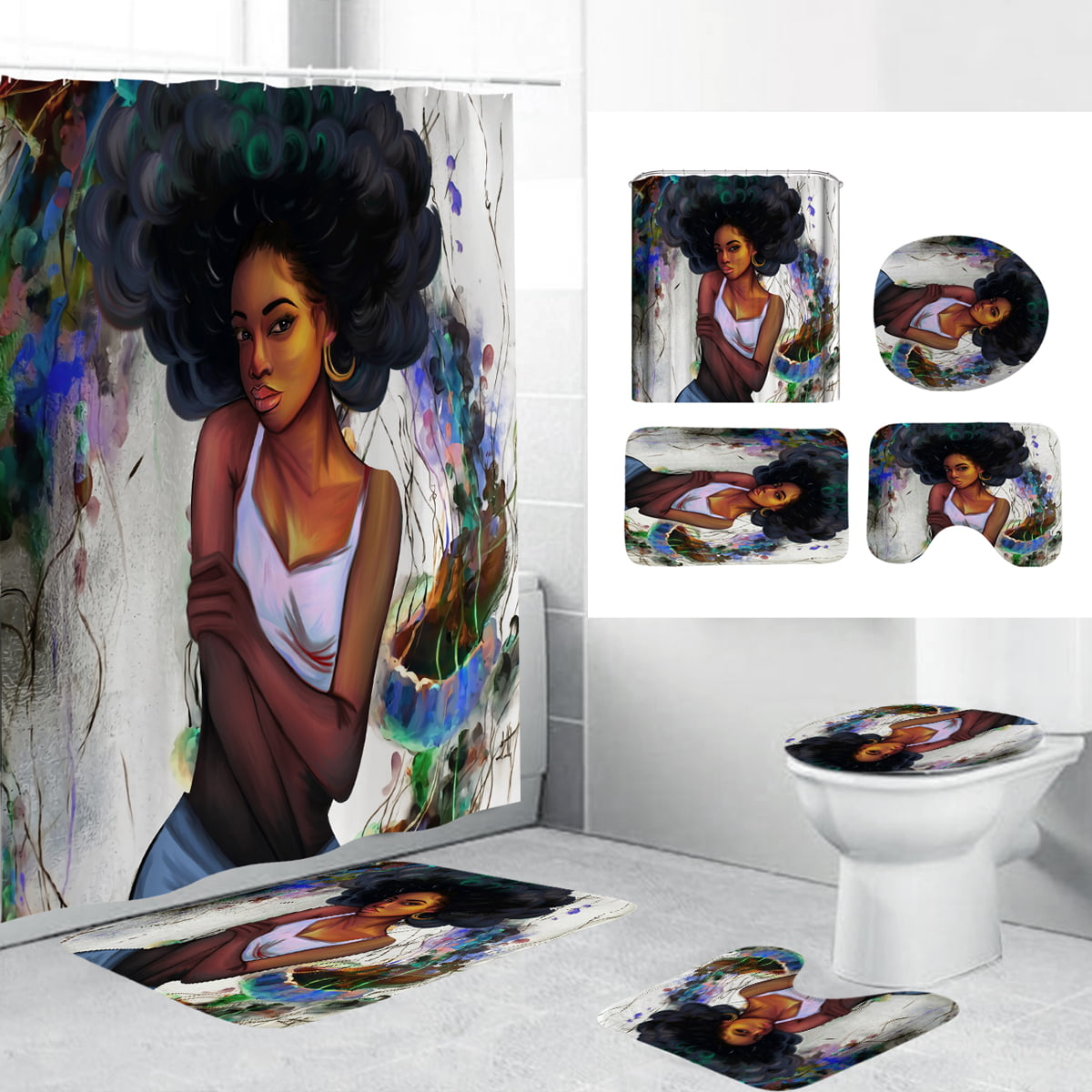 African Afro Girl Bathroom Fabric Shower Curtain include 12 Hooks Set Waterproof 