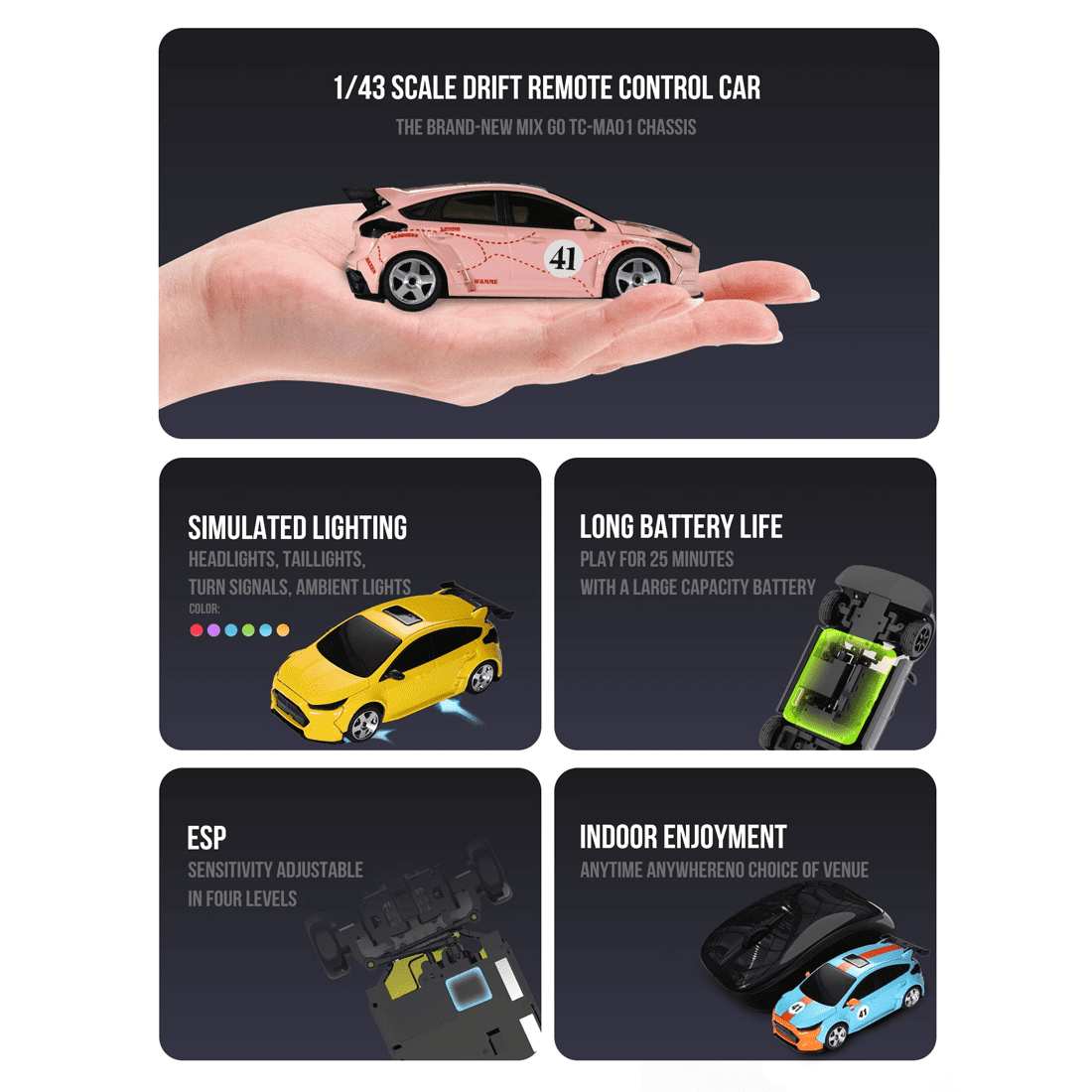 SNT Mix GO MG044 1:43 MG044 FPV RC Drift Car, 4WD Mini Racing Car with Camera, Proportional Steering, LED Lights & Dual Racing/Drift Modes – RTR + FPV Glasses Set for Adults
