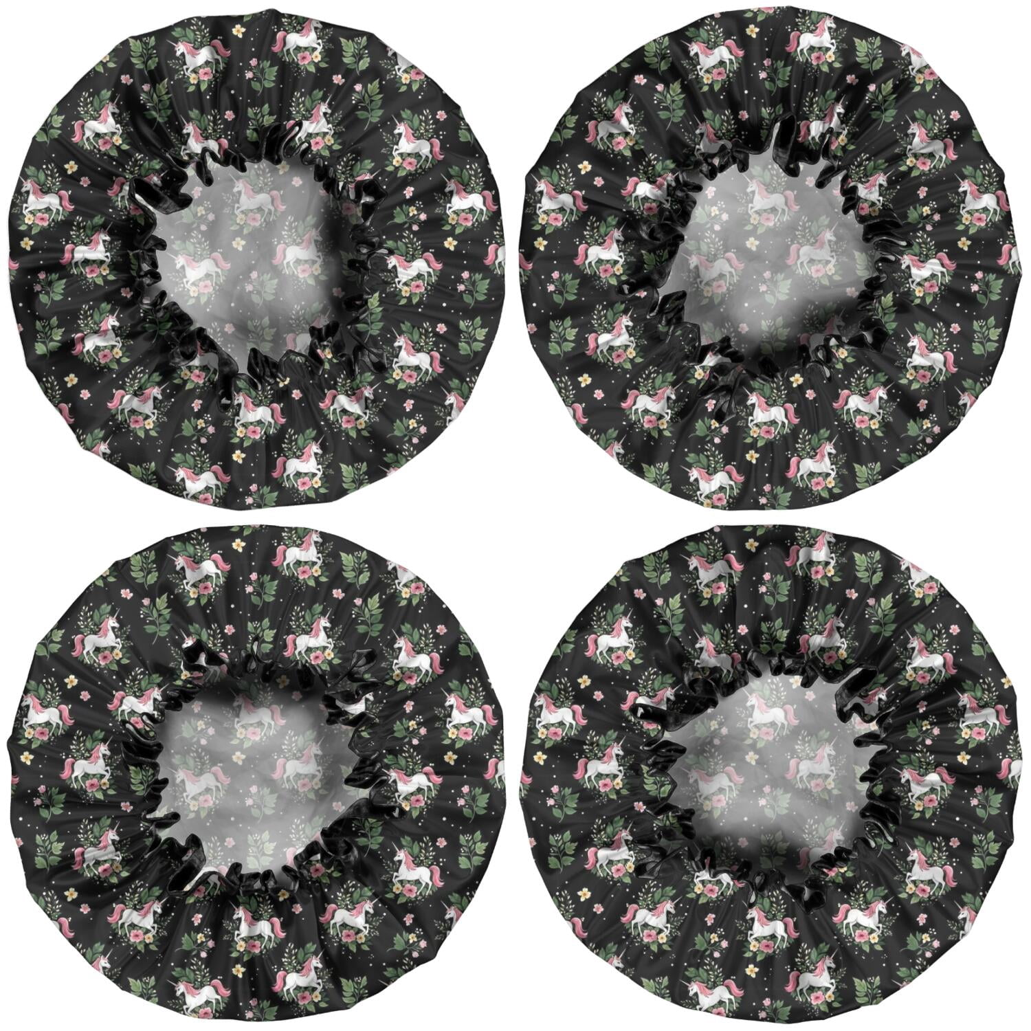 Shower Caps,Black Cartoon Unicorn Flower Leaf Pattern Waterproof Shower Cap for Women 4 Pieces,Double Reusable Hair Cover for Shower PEVA Elastic Stretch Hem