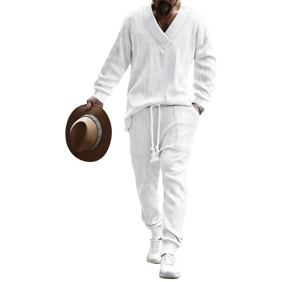 Yokua Men's two-piece pants V-neck knitted sweater suit shirt jogging pants suit