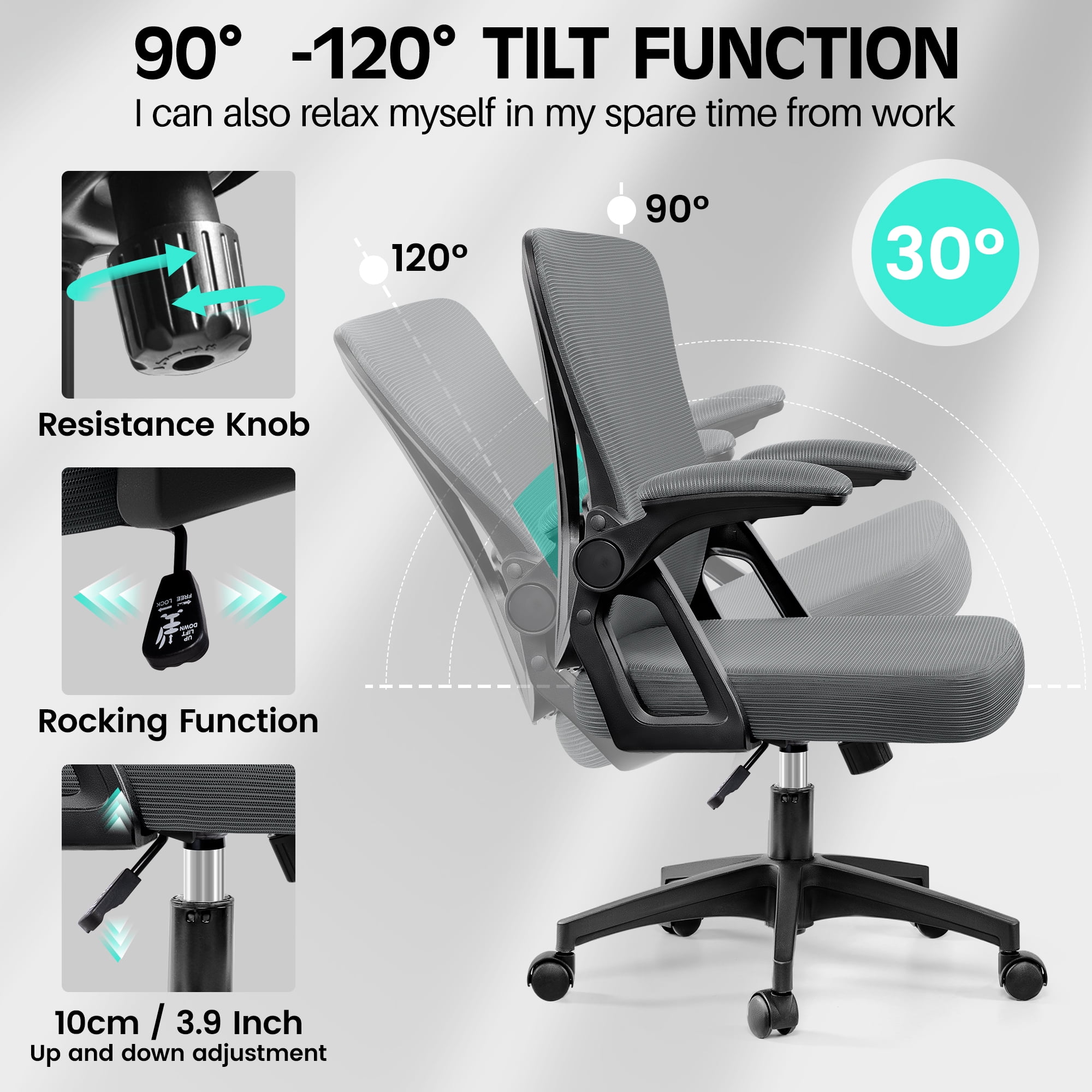 COOLHUT Office Desk Chair, Ergonomic Mesh Rolling Work Swivel Task Chairs with Wheels, Comfortable Lumbar Support, Comfy Flip-up Arms for Home, Bedroom, Study, Student, 8-Years Warranty, Dark Gray