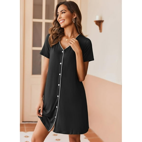 SMZ Nightgowns for Women utton Down Sleepshirt Short Sleeve Nightshirt Soft Sleepwear V Neck Pajama Dress