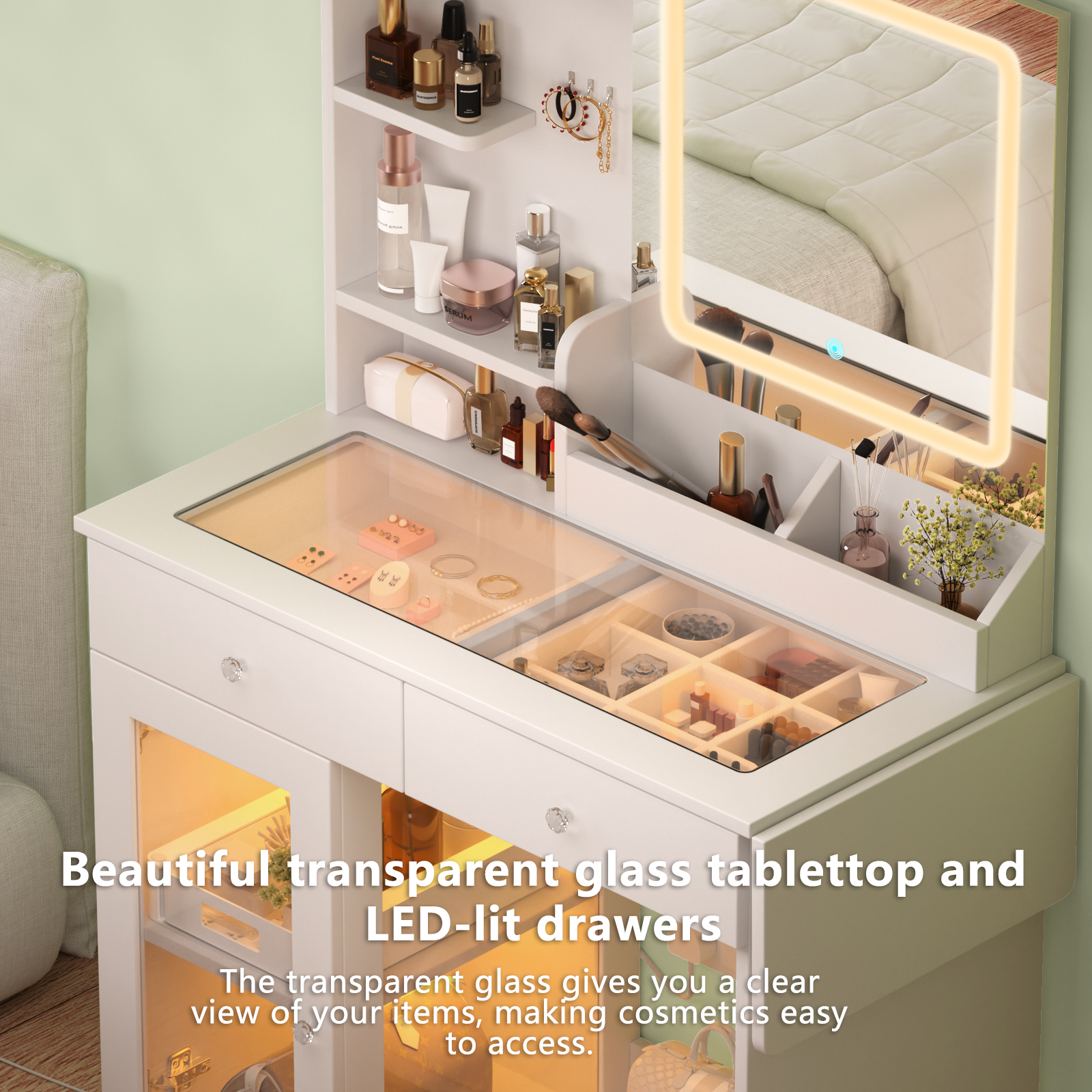 Yoneston Makeup Vanity Desk Set with Adjustable Lighted Mirror and USB Charging, Dressing Table with Storage Stool and Foldable Side Board and 2 Drawers for Bedroom, White