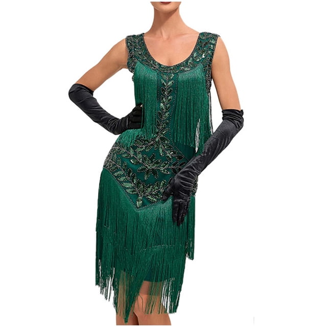 Pisexur Robe Sans Manches à Col Rond Hauteur Genou Women Robe Sans Manches à Col Rond à Paillettes avec Franges Robe de Fête Robe de Banquet Robe de Danse Robe Mini Women Robe