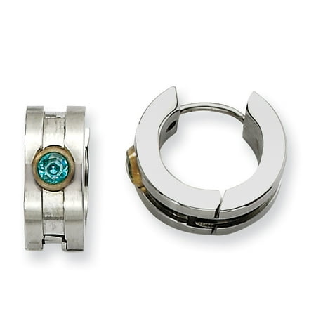 Tear Hoop - Stainless Steel Teal CZ & Yellow-plated Hinged Hoop Earrings