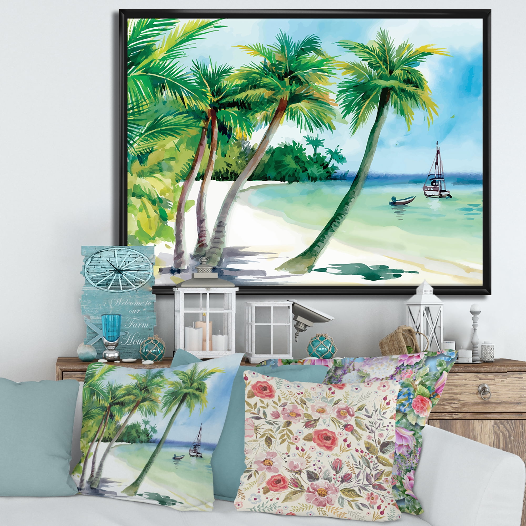Designart 'Palm Trees With Summer Beach' Nautical & Coastal Framed Canvas Wall Art Print