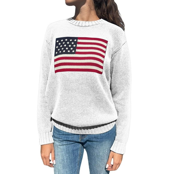 WTXUE Pullover Crewneck Sweatshirt Knit Sweater American Flag Sweater Striped Star Sweaters Sweatshirt Knitted Loose Pullover Soft Sweaters Oversized Sweatshirt Long Sleeve Pullover White Xl