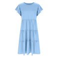 thumbnail image 5 of Bpmpbo Girls Shirt Dress Knee-length Dresses 4-14 Years Short Sleeve A Line Dress Flying Sleeve Round Neck Solid Dress with Pockets, 5 of 6