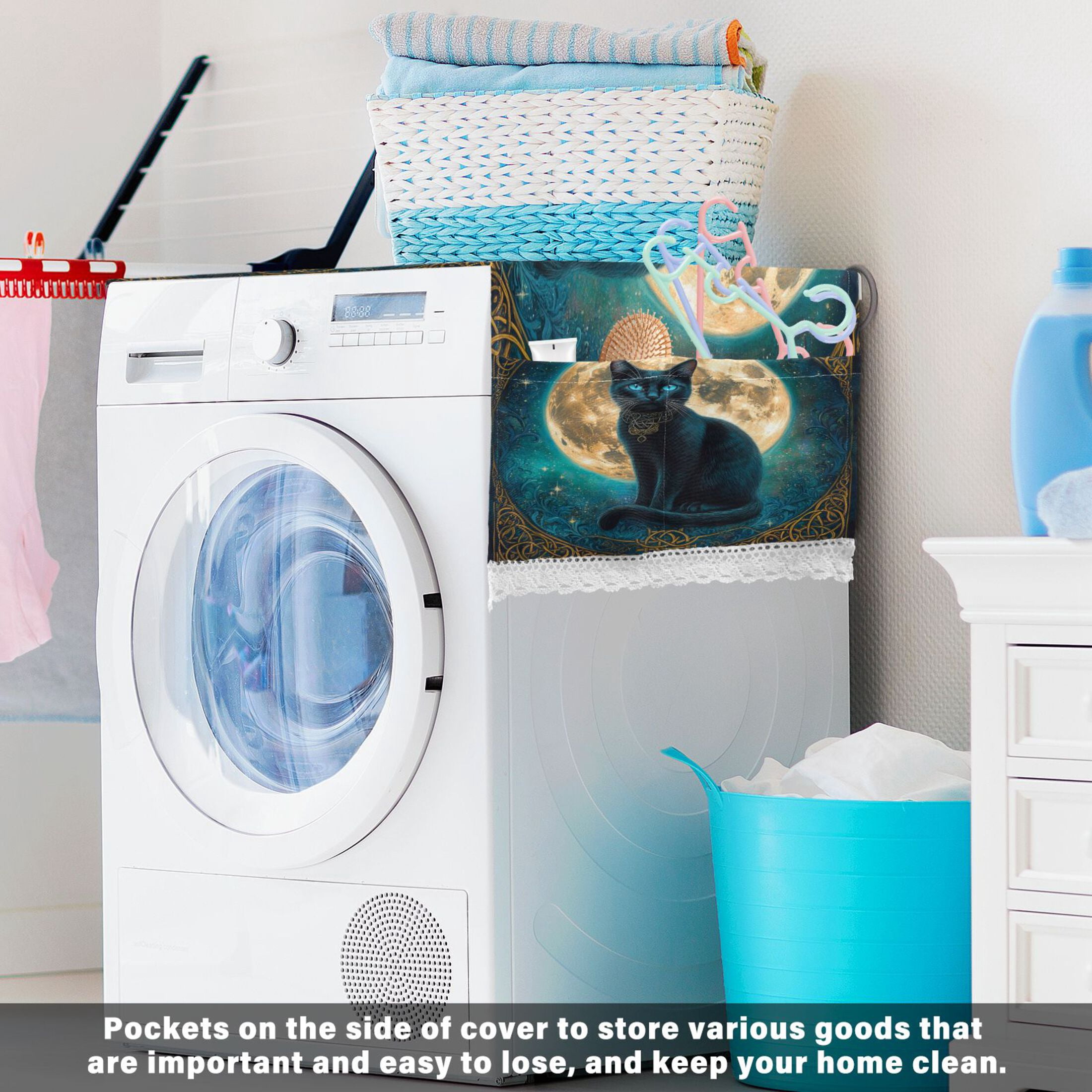 WOBOGO Black Cat with Full Moon Washing Machine Cloth Dryer Refrigerator Top Cover Protective Non-Slip Mat For Kitchen Laundry