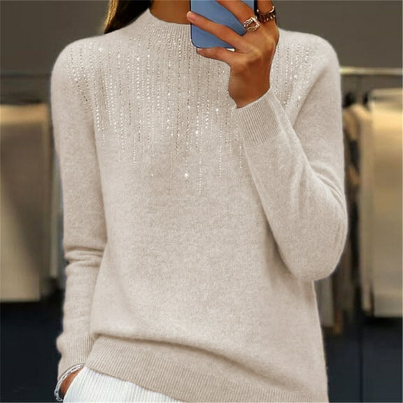 Beige Womens Sweatshirt Women's Semi Turtleneck Sweater Long Sleeve Sequins Pullover with A Base Shirt Autumn and Winter Warm Sweater Fall Clothes for Women