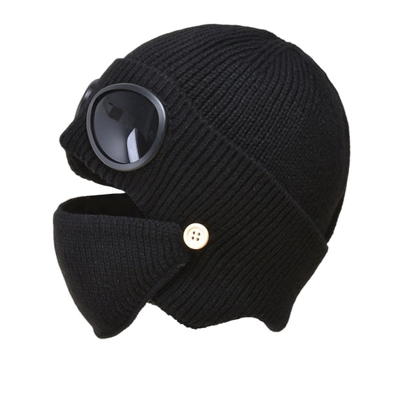 Unisex Winter Ski Beanie Hat with Goggles,Knitted Winter Balaclava for Cycling Skiing, Outdoor Knit Beanie Hat Cold Weather Windproof Face Cover with Flip-Up Visor(Black)
