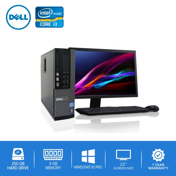 Dell PC Computer Desktop CORE i3 3.0GHz 4GB 250GB HD Windows 10 w/ 22