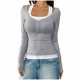 thumbnail image 5 of Lenpel Women's Long Sleeve T-Shirts Square Neck Quarter Button Color Block 2 in 1 Slim Tee Tops Soft Casual Blouses(Gray,X-Large), 5 of 6
