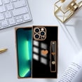thumbnail image 6 of Compatible with iPhone 13 Pro Max Case with Strap Women Girls, Cute Luxury Gold Heart Pattern, Soft TPU Shockproof Loop Plating Protective Square Case Cover for iPhone 13 Pro Max 6.7 in-Black, 6 of 12