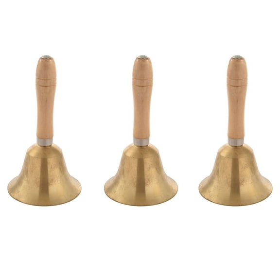 3X Solid Brass Wooden Handle School Reception Dinner Wood Shop Hotel Hand Bell Gold