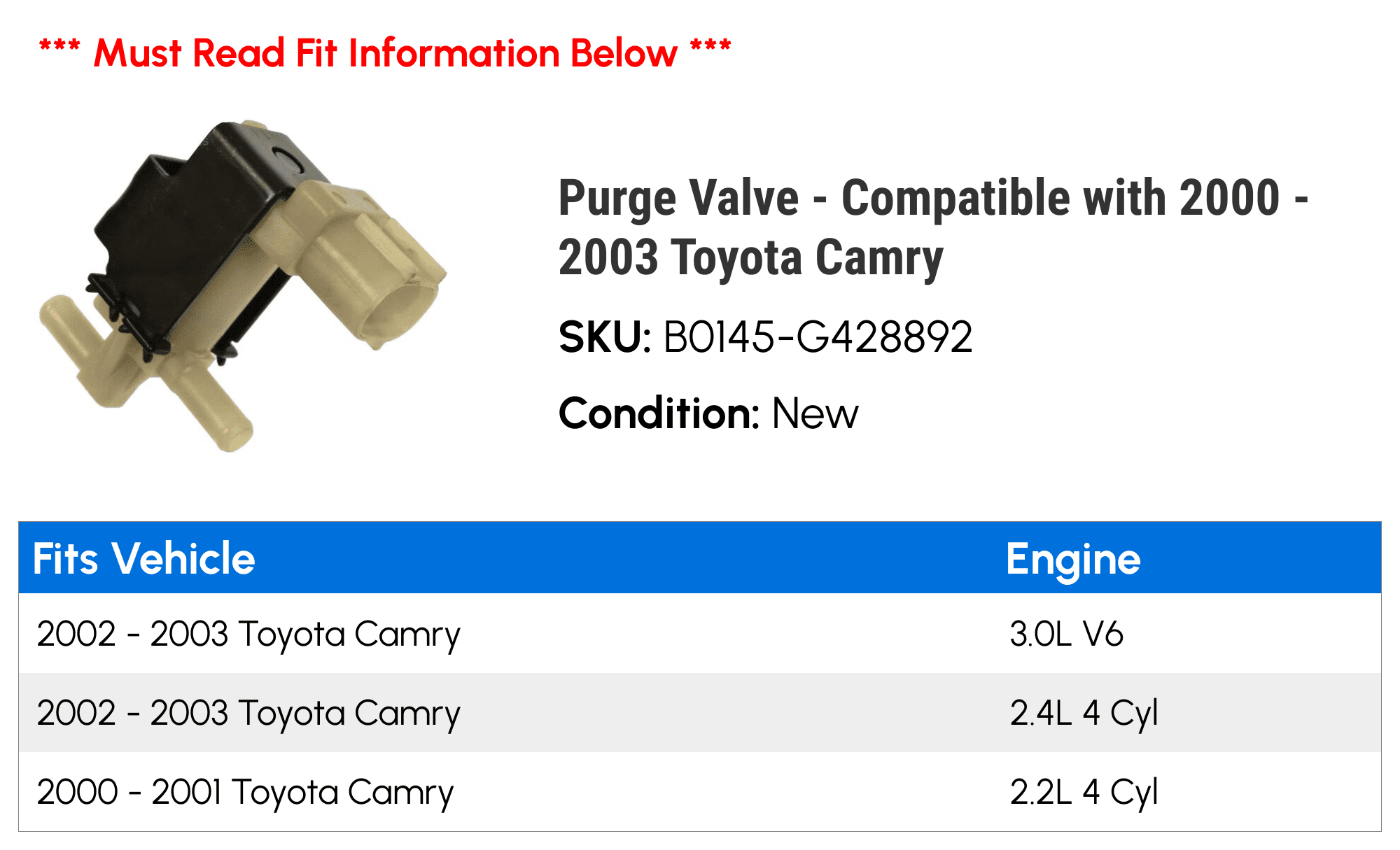 Purge Valve - Compatible with 2000 - 2003 Toyota Camry 2001 2002